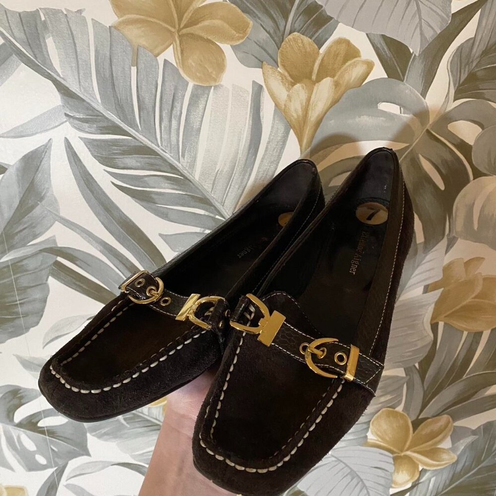 Suede Loafers With Gold Buckle - Size 7 - Etienne Aigner